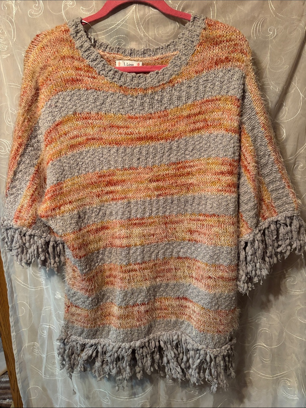I Love Striped Bouclé Scoop Sweater with Fringe — Gray & Orange